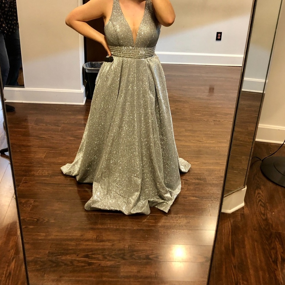 Camille La Vie Sparkling Silver Prom Dress